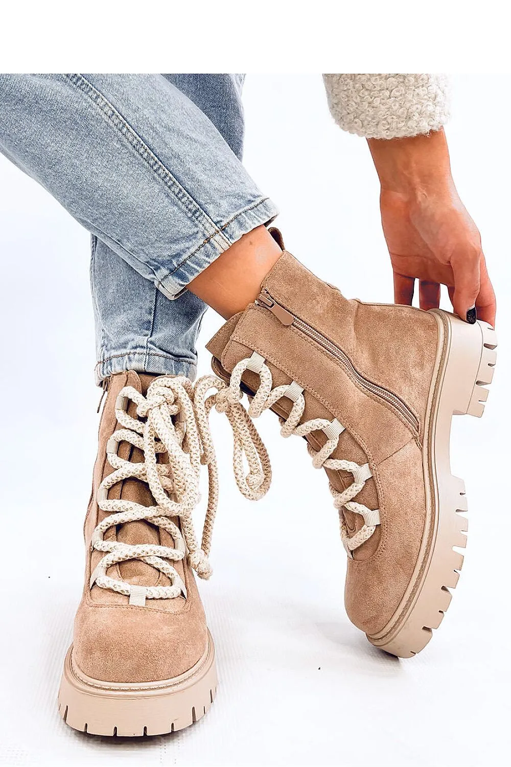 TEEK - Beige Thick Rope Lace Suede Touch Boots