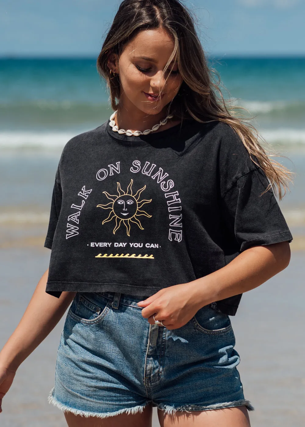 Walk On Sunshine Crop Tee in Charcoal Grey