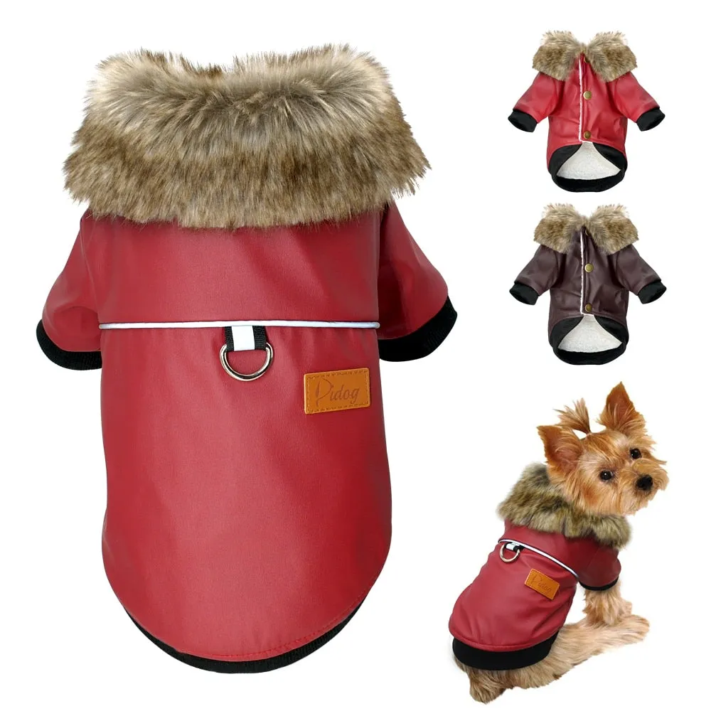 Waterproof Vegan Leather Jacket for Dog with Faux Fur Collar