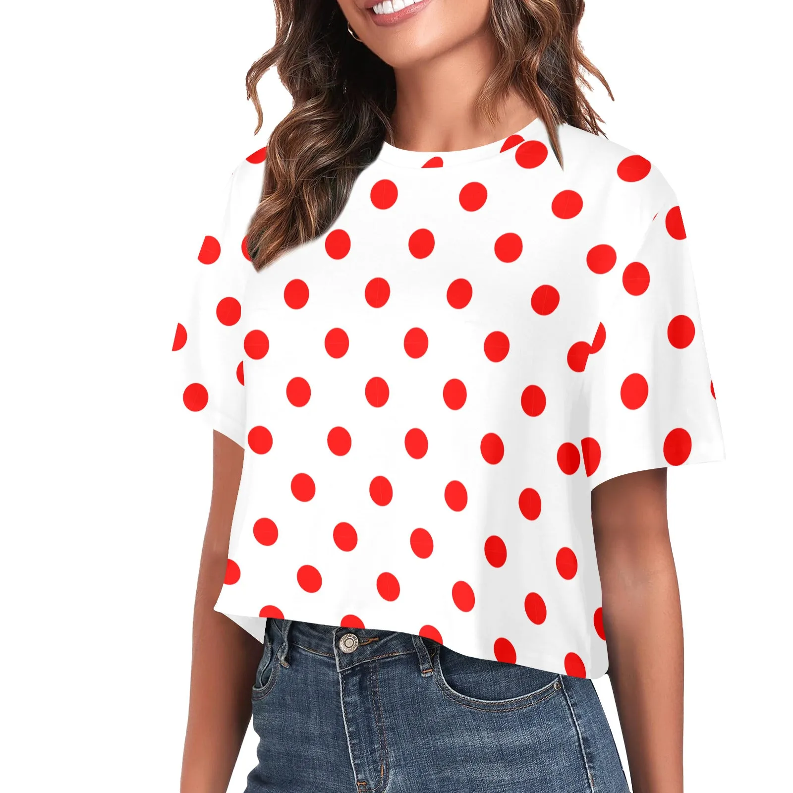 White With Red Polka Dots Women's Cropped T-shirt