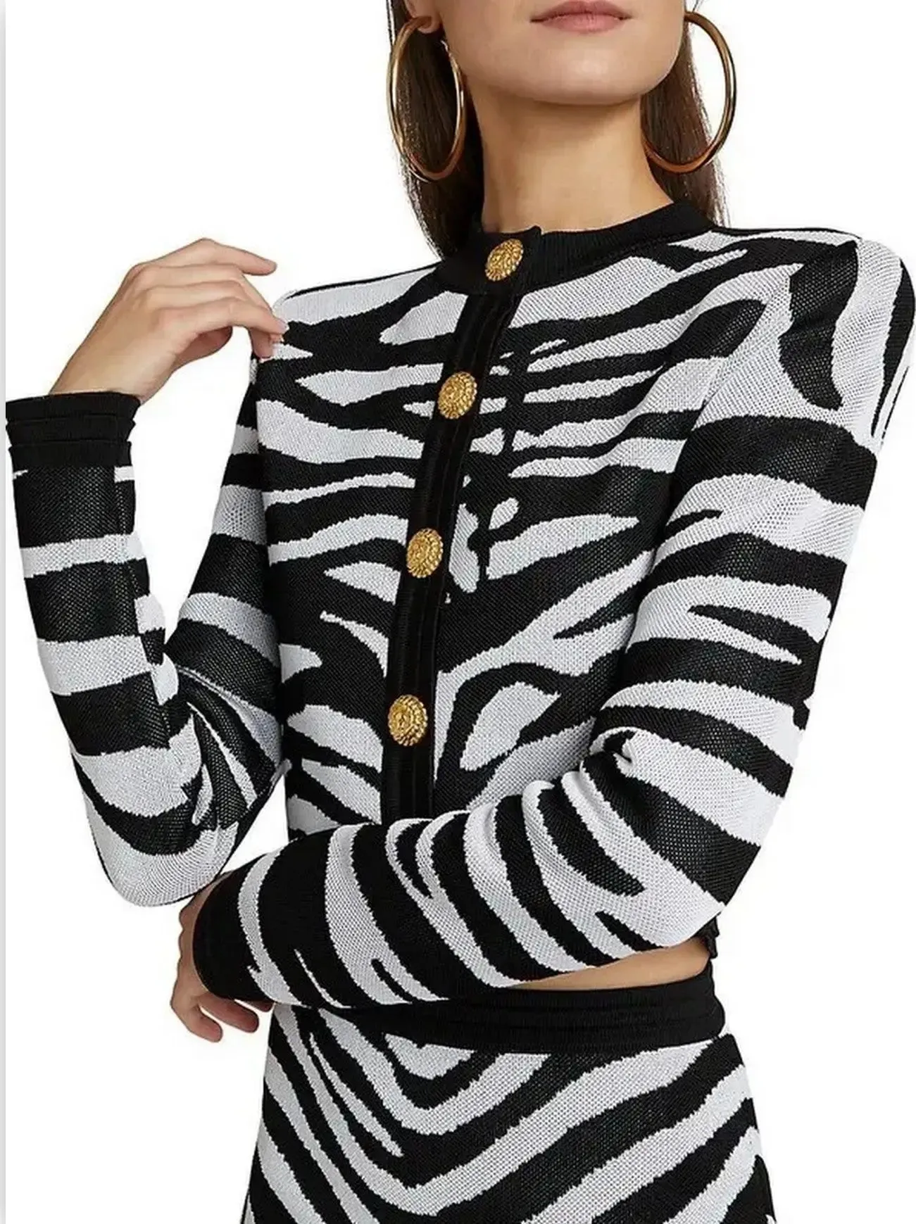 Women’s Black and White Zebra Print Knit Cropped Cardigan and Mini Skirt Set