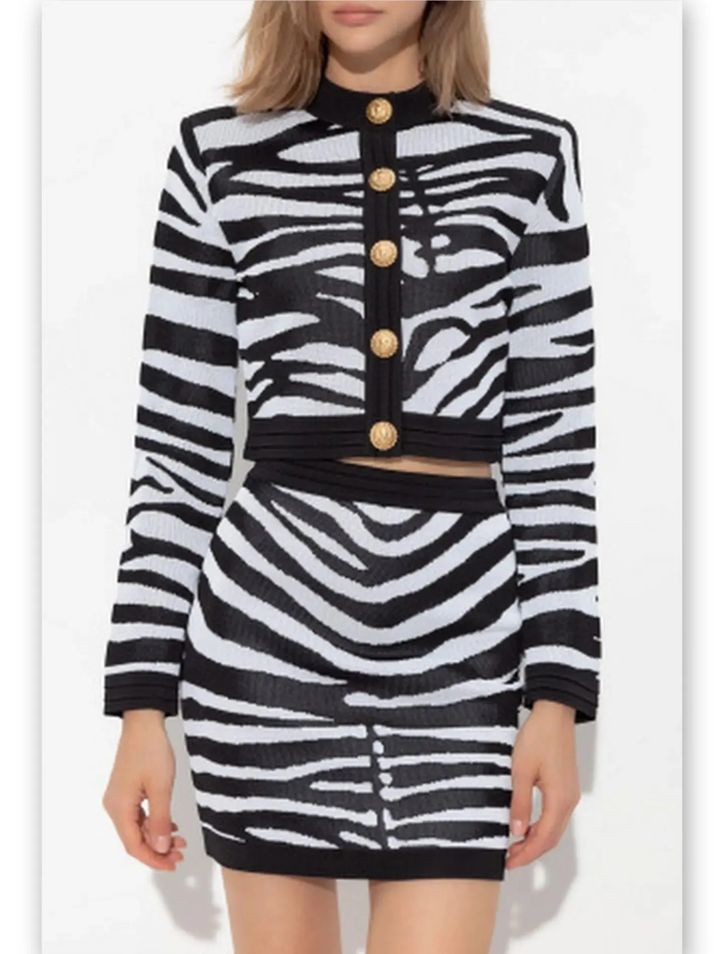 Women’s Black and White Zebra Print Knit Cropped Cardigan and Mini Skirt Set