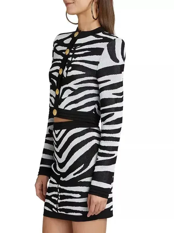 Women’s Black and White Zebra Print Knit Cropped Cardigan and Mini Skirt Set