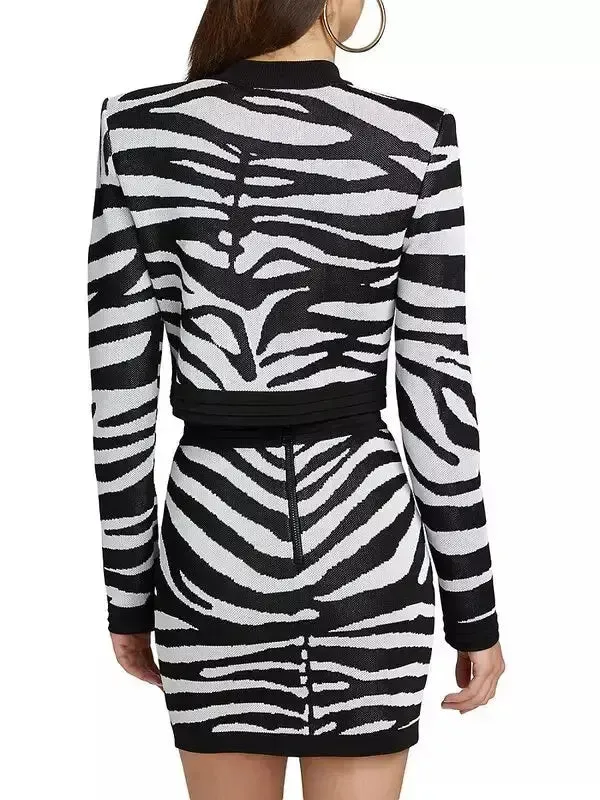 Women’s Black and White Zebra Print Knit Cropped Cardigan and Mini Skirt Set