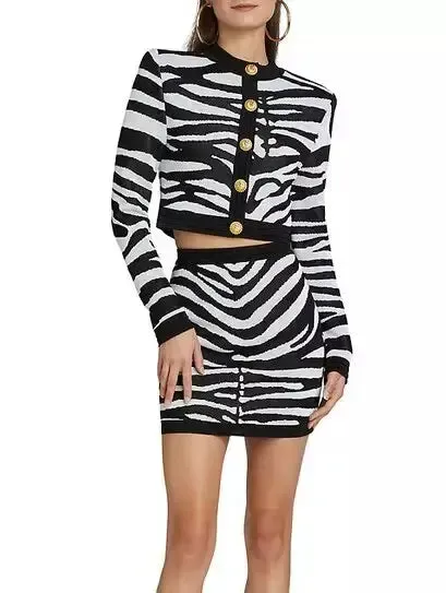 Women’s Black and White Zebra Print Knit Cropped Cardigan and Mini Skirt Set