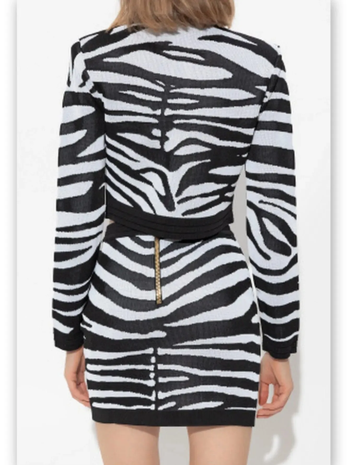 Women’s Black and White Zebra Print Knit Cropped Cardigan and Mini Skirt Set